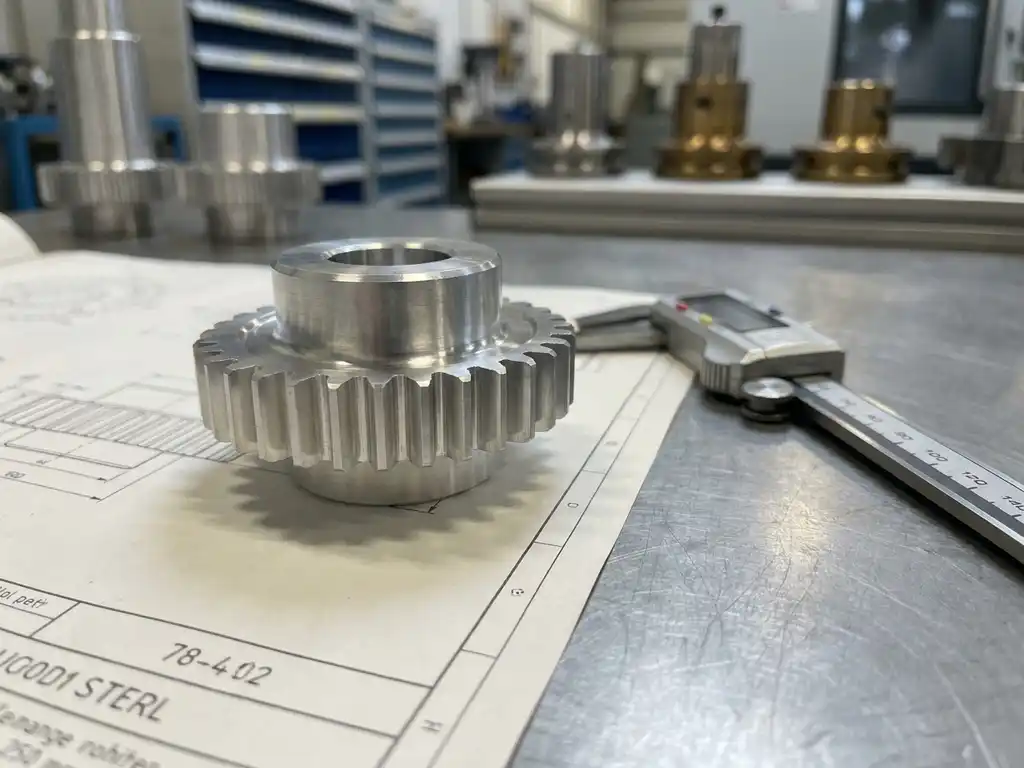Präzisionsgefertigtes Metallteil auf technischer Zeichnung mit Messschieber auf grauer Werkstattoberfläche.