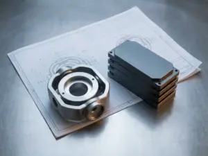 Präzisionsgefertigte Metallbauteile neben gestapelten Gleichteilen auf Stahloberfläche mit technischem Auftragsblatt, Draufsicht.