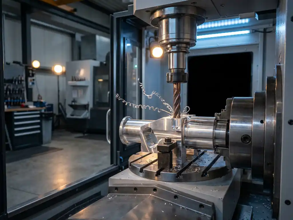 Präzisionsgefräste Aluminiumkomponente in 5-Achs-CNC-Fräsmaschine mit Metallspänen an Hartmetall-Schaftfräser.
