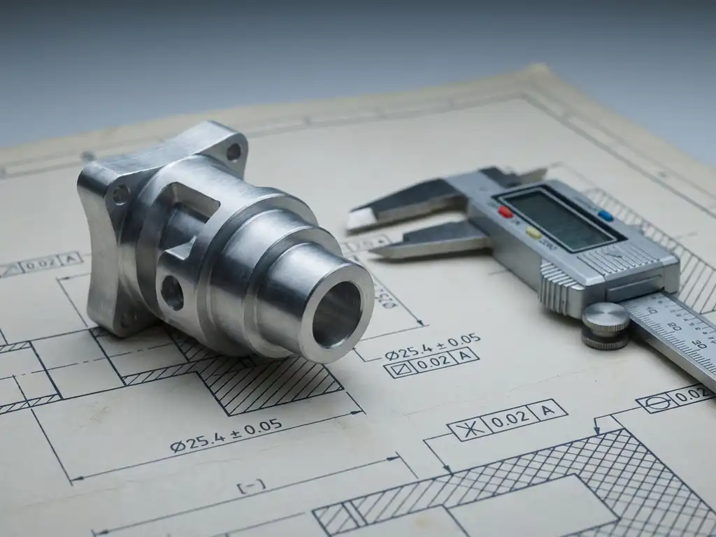 Gefrästes Aluminiumprototyp-Bauteil auf technischer Zeichnung mit GD&T-Symbolen, Messschieber daneben zur Maßstabsreferenz.