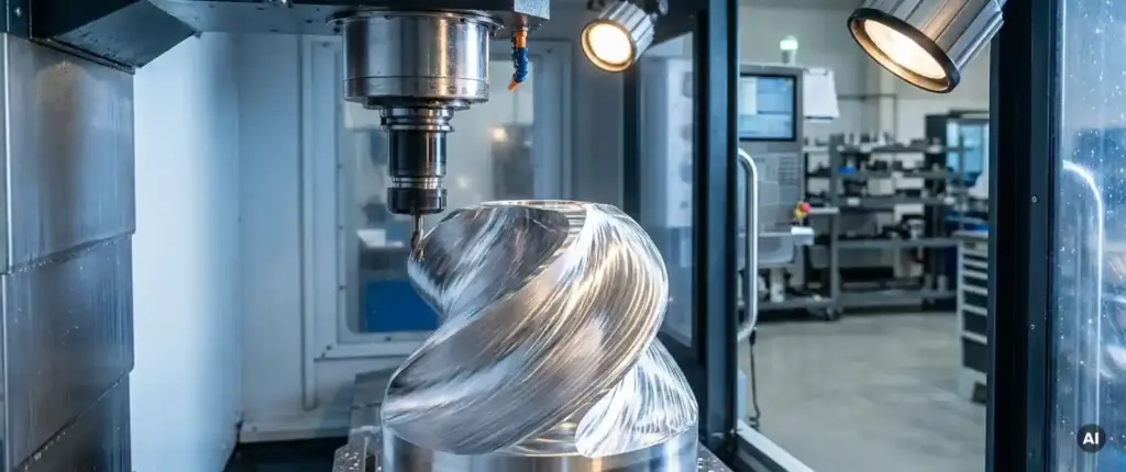 Aluminium-Freiformfläche auf 5-Achs-CNC-Bearbeitungszentrum mit spiralförmigen Fräsbahnen und Schneidwerkzeug in Nahaufnahme.