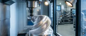 Aluminium-Freiformfläche auf 5-Achs-CNC-Bearbeitungszentrum mit spiralförmigen Fräsbahnen und Schneidwerkzeug in Nahaufnahme.