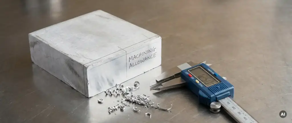 Roher Aluminiumblock mit eingeritzter Anrisslinie auf Stahlwerkbank, digitale Schieblehre und Metallspäne daneben.