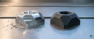 Poliertes CNC-gefrästes Aluminiumteil neben einem geschichteten 3D-gedruckten Prototyp auf Stahlwerkbank mit Metallspänen.