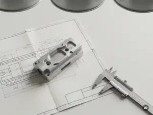 Technische Zeichnung auf Mattfolie mit CNC-gefrästem Aluminiumteil und Messschieber in Draufsicht.