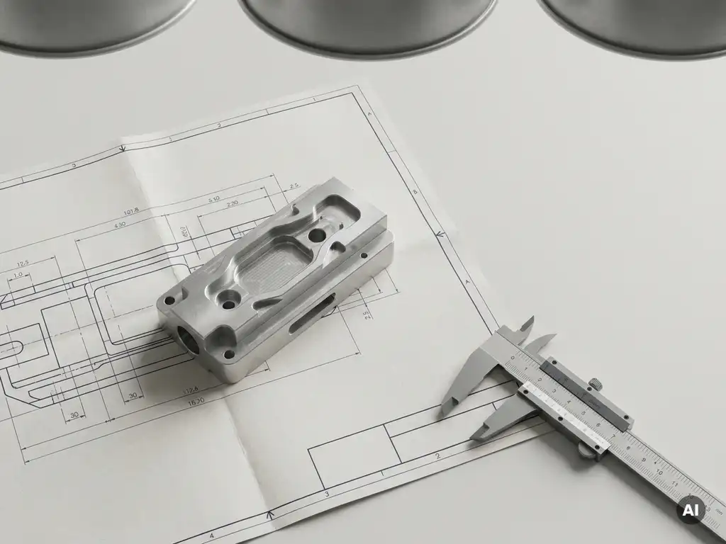Technische Zeichnung auf Mattfolie mit CNC-gefrästem Aluminiumteil und Messschieber in Draufsicht.