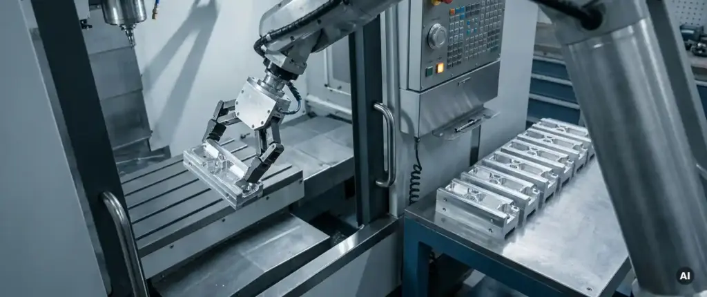 Präzisionsgefertigtes Metallteil in Roboterarm über CNC-Bearbeitungszentrum, gestapelte Bauteile auf Stahloberfläche, industrielle Werkstattbeleuchtung.