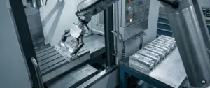 Präzisionsgefertigtes Metallteil in Roboterarm über CNC-Bearbeitungszentrum, gestapelte Bauteile auf Stahloberfläche, industrielle Werkstattbeleuchtung.