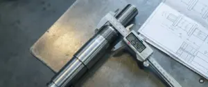 Präzisionsgefertigte CNC-Drehteil-Welle mit Feingewinde, digitaler Messschieber und technische Zeichnung auf Stahloberfläche.