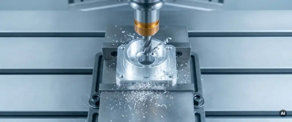 Präzisionsgefräste Aluminiumkomponente im CNC-Schraubstock mit Schneidwerkzeug und Metallspänen in Aufsicht.