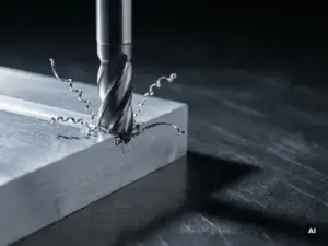 CNC-Fräser schneidet in Aluminiumblock, feine Metallspäne kräuseln sich vom Kontaktpunkt, dramatische Seitenbeleuchtung, industrielle Nahaufnahme.