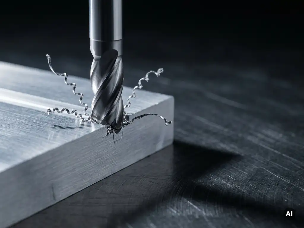 CNC-Fräser schneidet in Aluminiumblock, feine Metallspäne kräuseln sich vom Kontaktpunkt, dramatische Seitenbeleuchtung, industrielle Nahaufnahme.