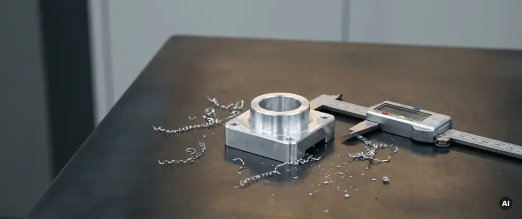 Frisch gefrästes Aluminium-CNC-Teil neben digitalem Messschieber auf Stahloberfläche mit Metallspänen.