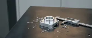 Frisch gefrästes Aluminium-CNC-Teil neben digitalem Messschieber auf Stahloberfläche mit Metallspänen.
