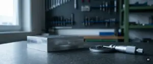 Gefrästes Aluminiumteil mit sichtbaren Werkzeugbahnen auf Granitplatte, daneben ein kalibriertes Mikrometer, Nahaufnahme.