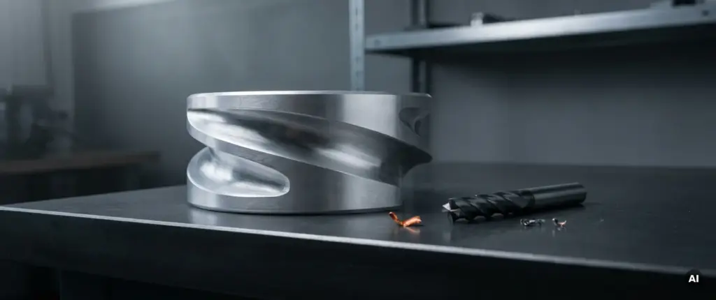 Gefrästes Aluminiumteil mit Hinterschnitten und geschwungenen Flächen auf Stahlwerkbank, daneben ein Präzisionsfräswerkzeug.