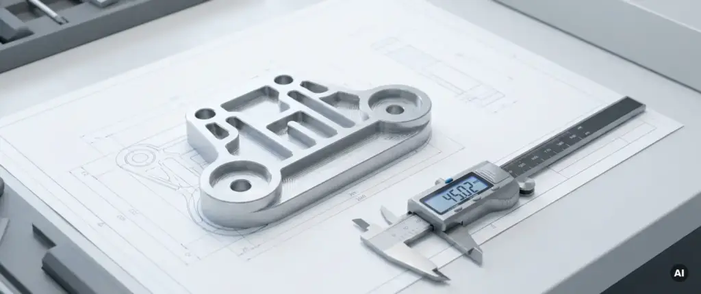 Gefrästes Aluminiumteil mit präzisen Konturen auf technischer Zeichnung, digitaler Messschieber daneben, Draufsicht.
