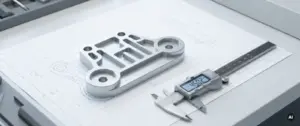 Gefrästes Aluminiumteil mit präzisen Konturen auf technischer Zeichnung, digitaler Messschieber daneben, Draufsicht.