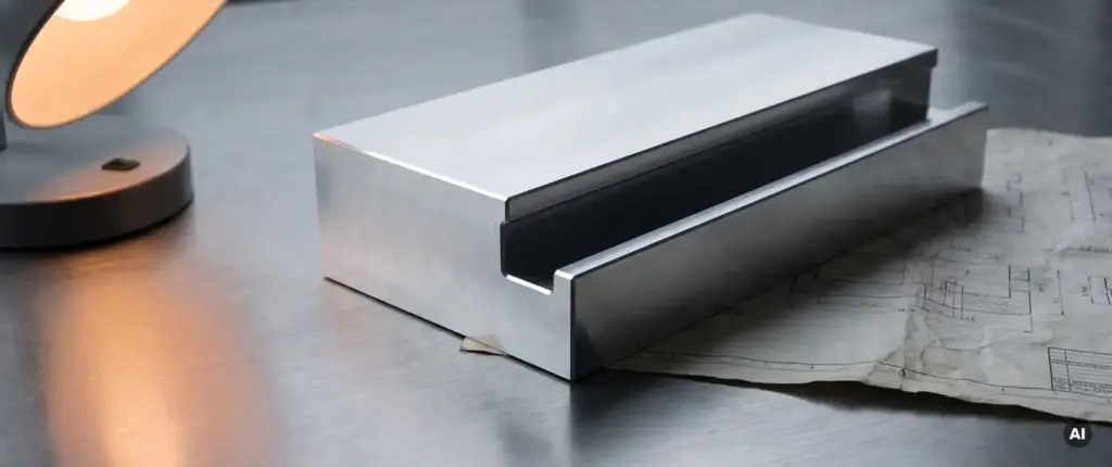 Gefrästes Aluminiumteil mit zu tiefer Hinterschneidung auf Stahlwerkbank, technische Zeichnung darunter sichtbar.