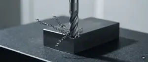 Hartmetall-Schaftfräser bearbeitet Werkzeugstahl, feine Metallspäne kräuseln sich vom Kontaktpunkt auf einer Anreißplatte.