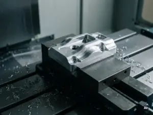 Präzisionsgefräste Aluminiumkomponente in CNC-Schraubstock eingespannt, Metallspäne auf grauer Werkbank, Nahaufnahme mit Tiefenschärfe.