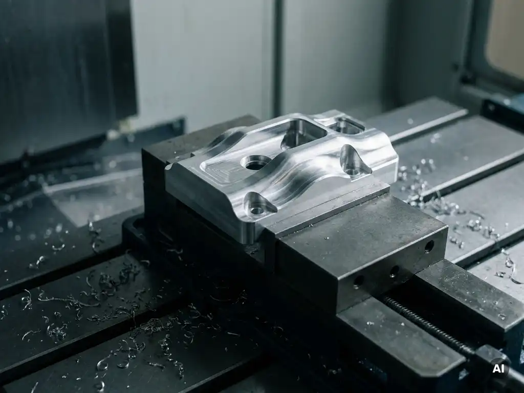 Präzisionsgefräste Aluminiumkomponente in CNC-Schraubstock eingespannt, Metallspäne auf grauer Werkbank, Nahaufnahme mit Tiefenschärfe.