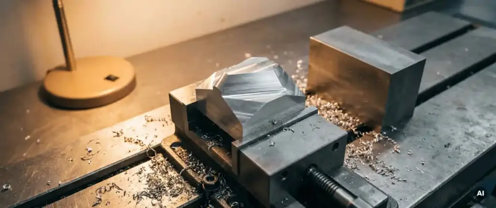 Präzisionsgefräste Aluminiumkomponente mit Winkelkonturen im CNC-Schraubstock, umgeben von Metallspänen auf Stahloberfläche.