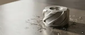 Präzisionsgefrästes Aluminium-CNC-Bauteil mit Nuten und Fasen auf gebürstetem Stahl, Metallspäne, gerichtetes Licht von oben links.