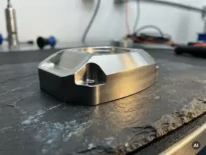 Präzisionsgefrästes Aluminiumteil mit eloxierter Oberfläche auf dunklem Schiefer, Bearbeitungsrillen im Detailblick sichtbar.