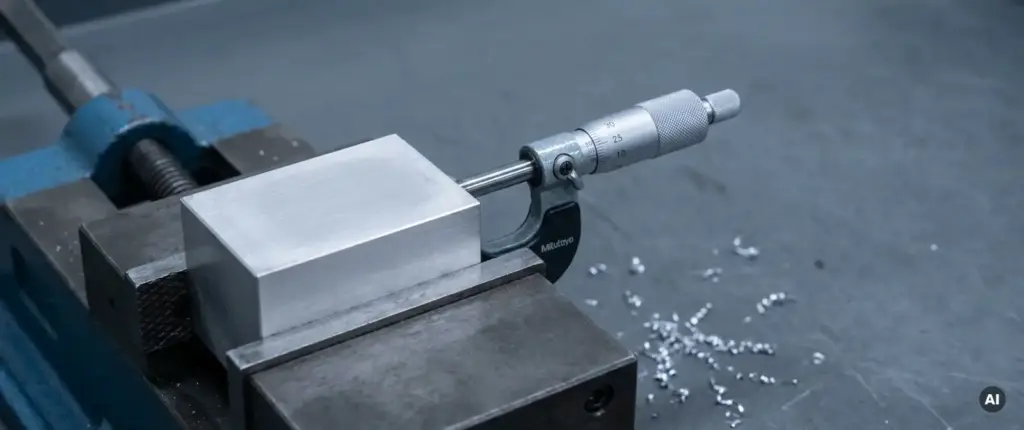 Präzisionsgefrästes Aluminiumteil im Schraubstock, Messschraube beim Messen der Oberfläche, Metallspäne auf grauer Werkstattunterlage.