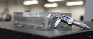 Gefrästes Aluminiumprototyp-Bauteil auf Granitmesstisch mit kalibriertem Mikrometer an der Messkante, Metallspäne daneben.