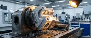 Präzisionsgefrästes Metallteil mit Hinterschneidungen und Winkelbohrungen eingespannt in 5-Achs-CNC-Schraubstock, Aluminiumspäne auf Maschinentisch.