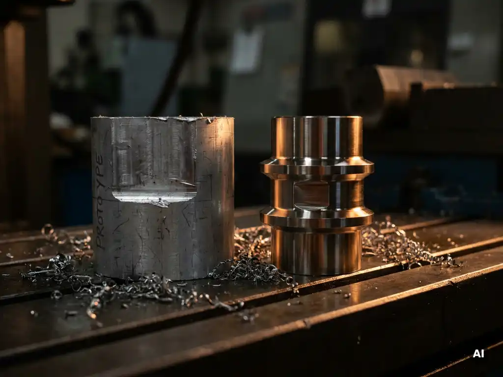 Roh- und Fertigprototyp eines präzisionsgefrästen Metallteils auf dunkler Werkstattoberfläche mit Metallspänen.