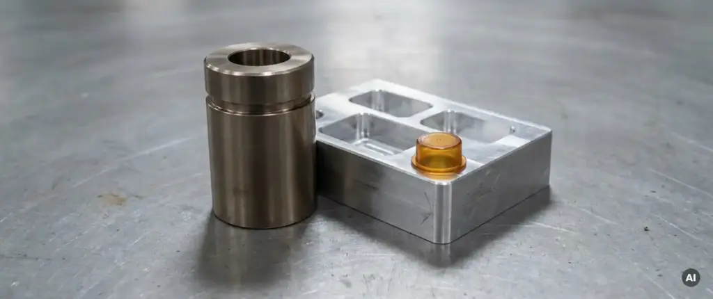 Präzisionsgedrehtes Metallteil neben gefrästem Aluminiumblock mit Taschen auf grauer Stahloberfläche, Nahaufnahme mit diffusem Licht.