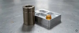 Präzisionsgedrehtes Metallteil neben gefrästem Aluminiumblock mit Taschen auf grauer Stahloberfläche, Nahaufnahme mit diffusem Licht.