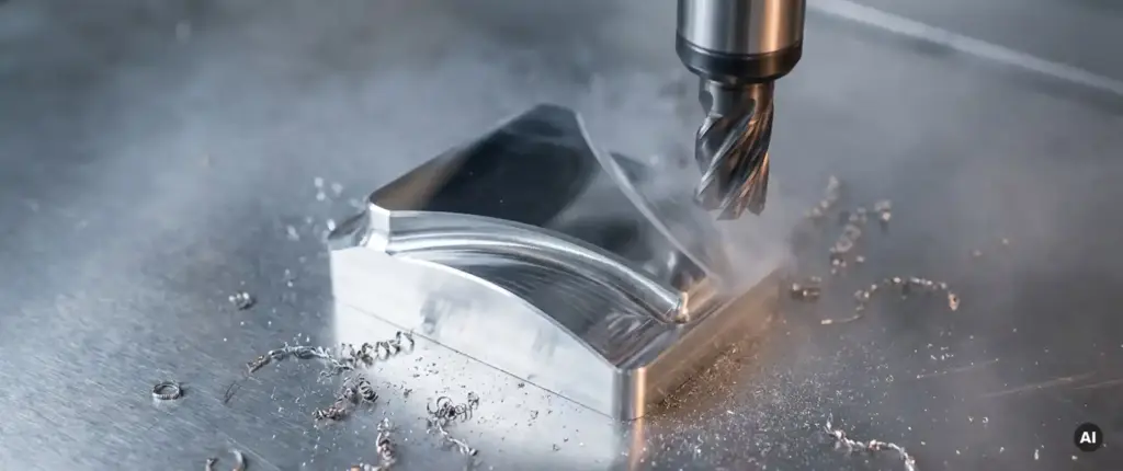 Präzisionsgefräste Aluminiumkomponente mit spiegelglatten Oberflächen auf Stahlwerkbank, 5-Achs-Fräser positioniert darüber, Metallspäne sichtbar.
