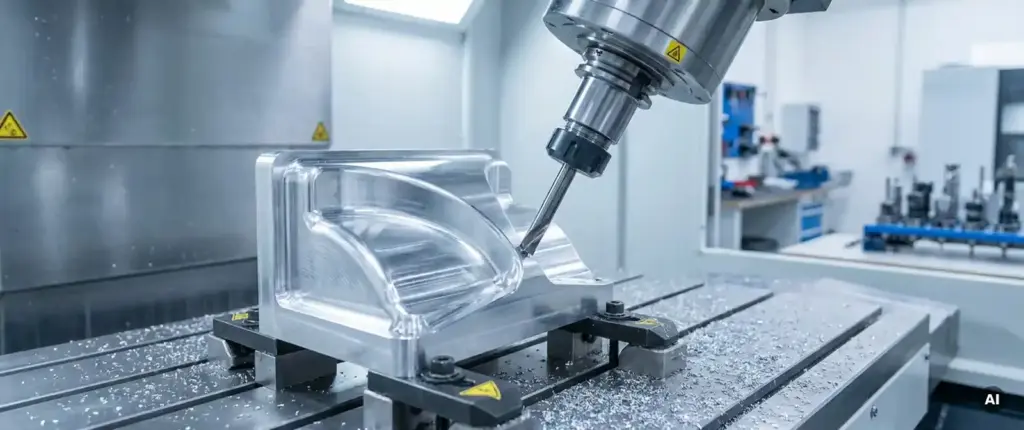 Präzisionsgefräste Aluminiumkomponente in 5-Achs-CNC-Fräsmaschine mit Schneidwerkzeug im Schrägeingriff und Metallspänen auf dem Maschinenbett.