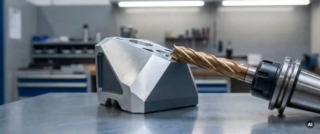 Präzisionsgefräste Aluminiumkomponente mit komplexen Schrägflächen neben einem Fräser auf Stahloberfläche.