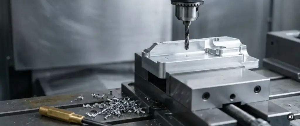 Präzisionsgefrästes Aluminiumteil im Stahlschraubstock, Bohrer positioniert über unbeschrifteter Stelle, Metallspäne auf Werkstattoberfläche.