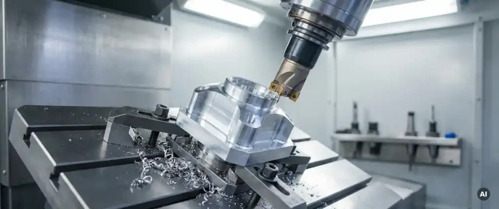 Präzisionsgefräste Aluminiumkomponente auf CNC-Frästisch eingespannt, Schneidwerkzeug im Anflug, feine Metallspäne am Sockel.