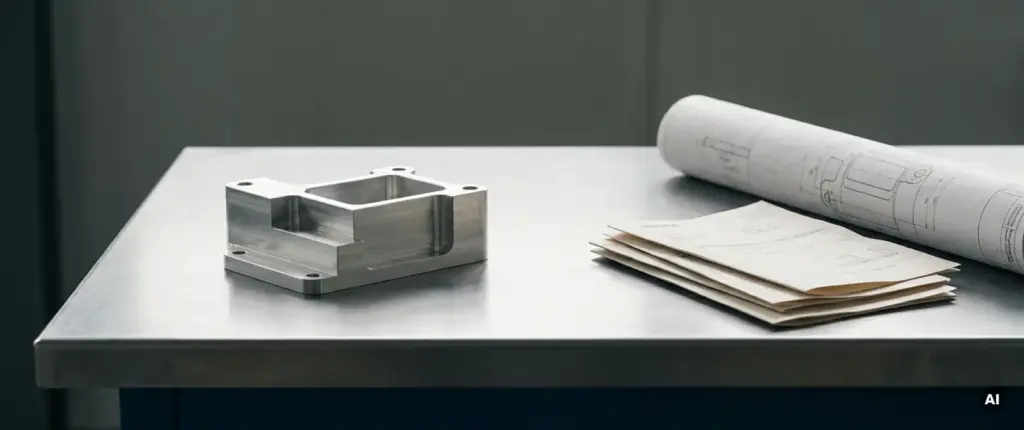 Präzisionsgefrästes Aluminiumteil neben Rechnungen und technischer Zeichnung auf Stahloberfläche in minimalistischer Werkstattumgebung.