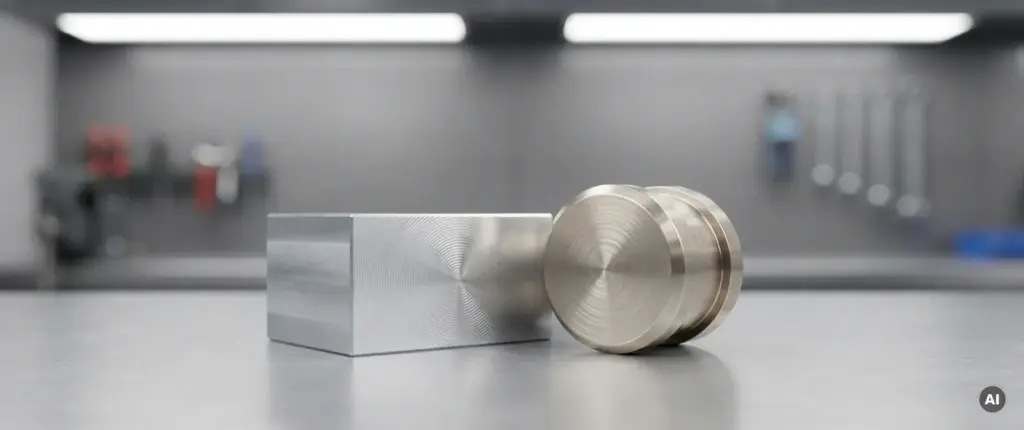 Gefräster Aluminiumblock und Edelstahl-Drehteil nebeneinander auf gebürstetem Metall, feine Schnittspuren sichtbar, Studioblicht.