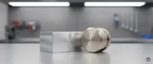 Gefräster Aluminiumblock und Edelstahl-Drehteil nebeneinander auf gebürstetem Metall, feine Schnittspuren sichtbar, Studioblicht.