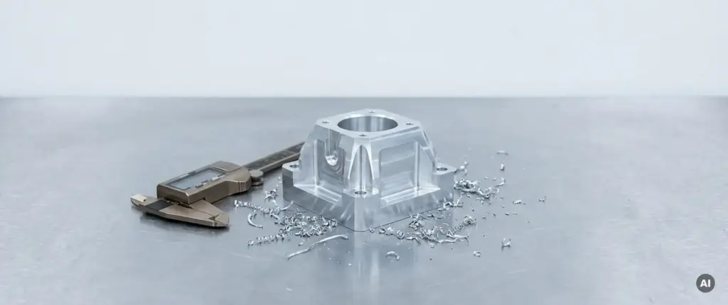 Gefräste Aluminiumkomponente auf Stahlwerkbank neben kalibrierten Messschiebern, umgeben von feinen Metallspänen, Draufsicht.