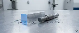 Gefräster Aluminiumblock und gedrehte Metallwelle auf gebürstetem Stahl, umgeben von feinen Metallspänen.
