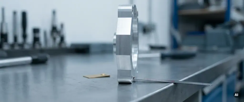 Dünnwandiges Aluminiumteil auf Stahlwerkbank, Fühlerlehre prüft Verzug an der Kante, Werkstattlicht von links.