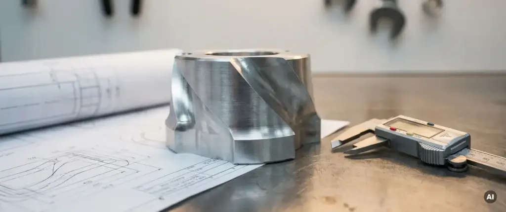Gefräste Aluminiumkomponente mit geschwungener Geometrie auf Stahlwerkbank, daneben digitale Schieblehre und technische Zeichnungen.