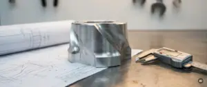 Gefräste Aluminiumkomponente mit geschwungener Geometrie auf Stahlwerkbank, daneben digitale Schieblehre und technische Zeichnungen.