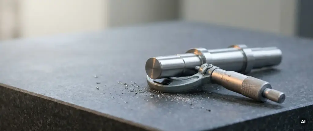 Präzisionsgefertigte Metallwelle auf Granitplatte mit kalibriertem Mikrometer bei der Maßmessung, feine Metallspäne daneben.