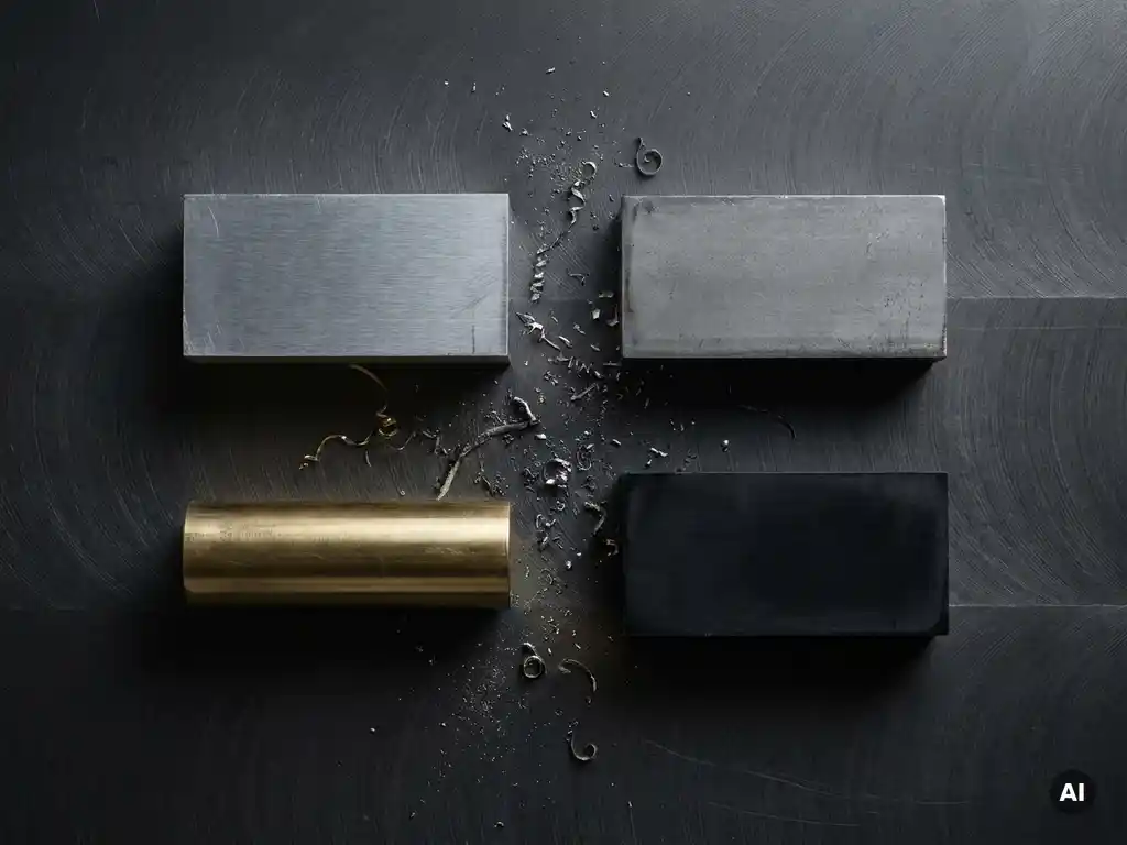 Vier Rohmaterialproben – Aluminiumblock, Stahlknüppel, Messingstab und Kunststoffplatte – auf dunkler Metalloberfläche mit Spänen.